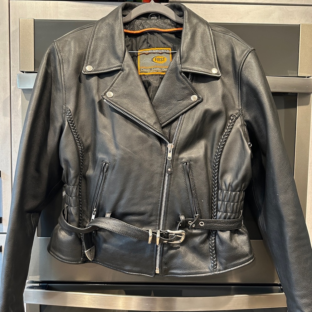 Eagle leather black women’s motorcycle riding jacket.